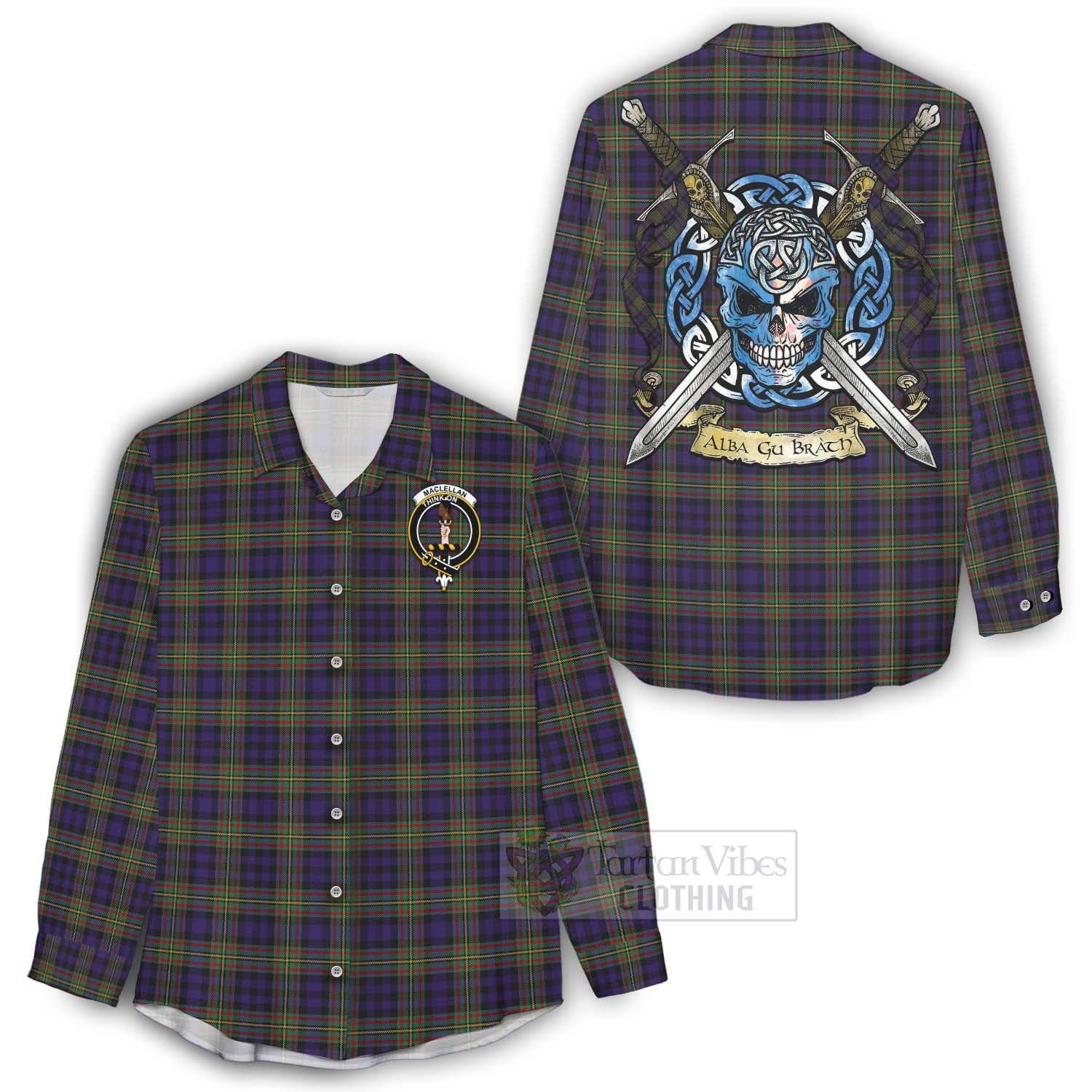 Tartan Vibes Clothing MacLellan (McLellan) Tartan Women's Casual Shirt with Family Crest Celtic Skull Style