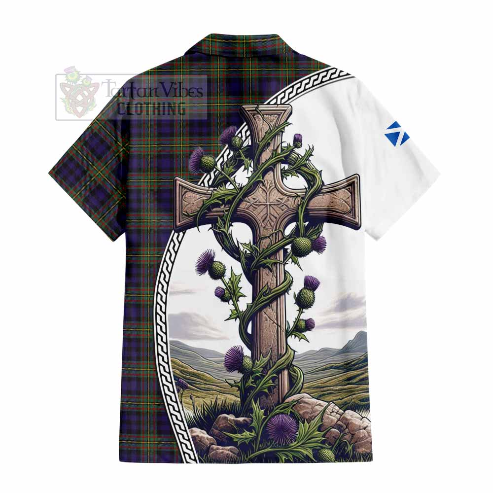 Tartan Vibes Clothing MacLellan (McLellan) Tartan Short Sleeve Button Shirt with Family Crest and St. Andrew's Cross Accented by Thistle Vines