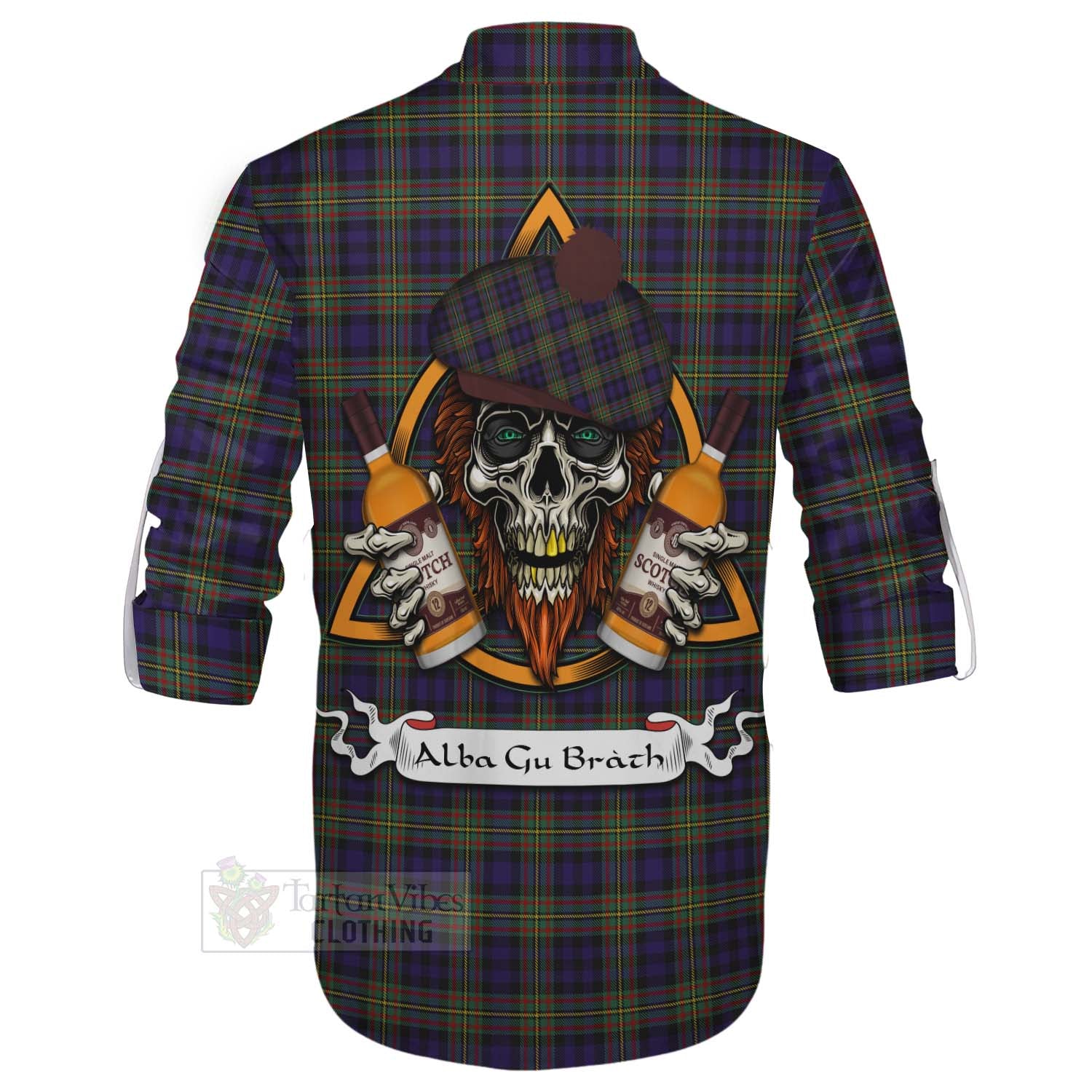 Tartan Vibes Clothing MacLellan (McLellan) Tartan Ghillie Kilt Shirt with Family Crest and Bearded Skull Holding Bottles of Whiskey