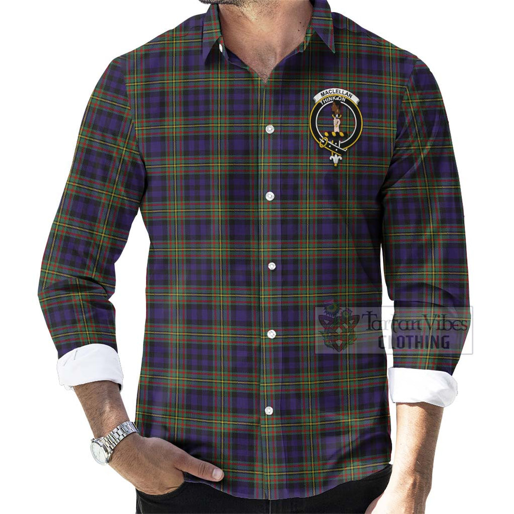 Tartan Vibes Clothing MacLellan (McLellan) Tartan Long Sleeve Button Shirt with Family Crest and Bearded Skull Holding Bottles of Whiskey