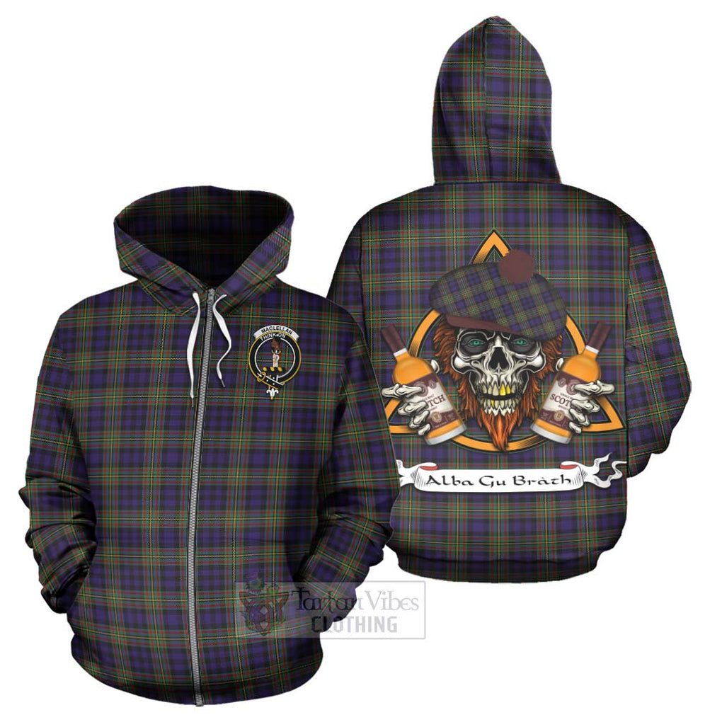 Tartan Vibes Clothing MacLellan (McLellan) Tartan Hoodie with Family Crest and Bearded Skull Holding Bottles of Whiskey