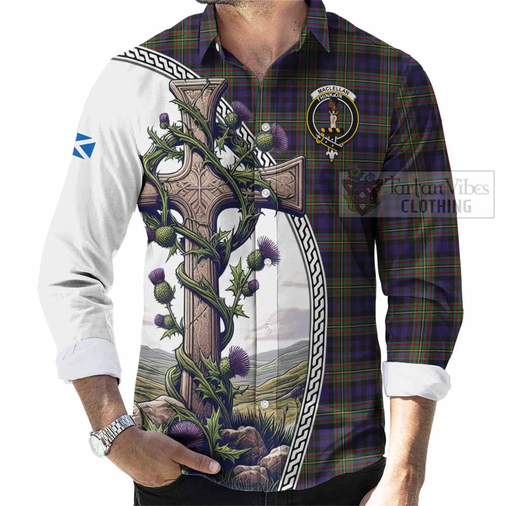 Tartan Vibes Clothing MacLellan (McLellan) Tartan Long Sleeve Button Shirt with Family Crest and St. Andrew's Cross Accented by Thistle Vines