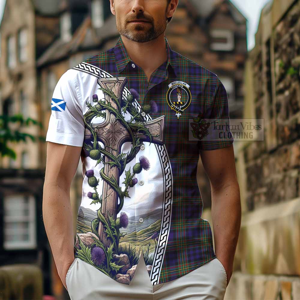 Tartan Vibes Clothing MacLellan (McLellan) Tartan Short Sleeve Button Shirt with Family Crest and St. Andrew's Cross Accented by Thistle Vines