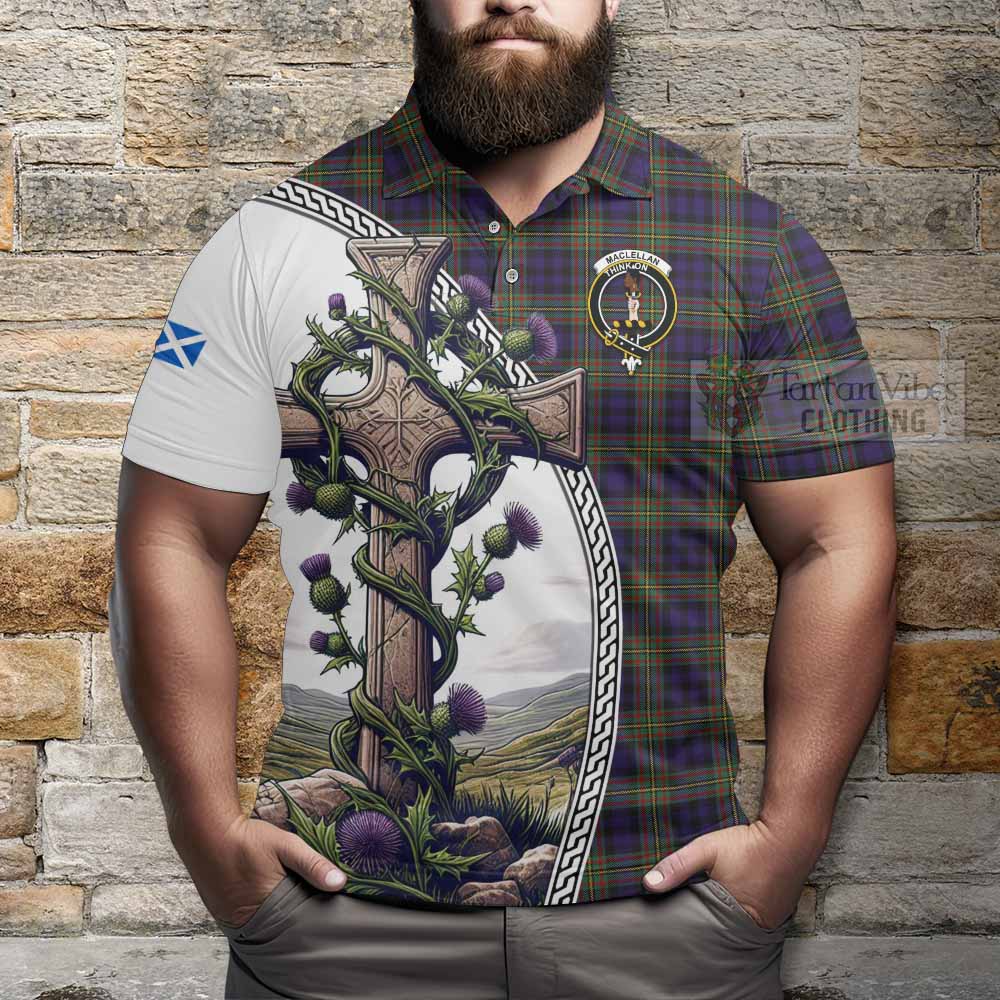 Tartan Vibes Clothing MacLellan (McLellan) Tartan Polo Shirt with Family Crest and St. Andrew's Cross Accented by Thistle Vines