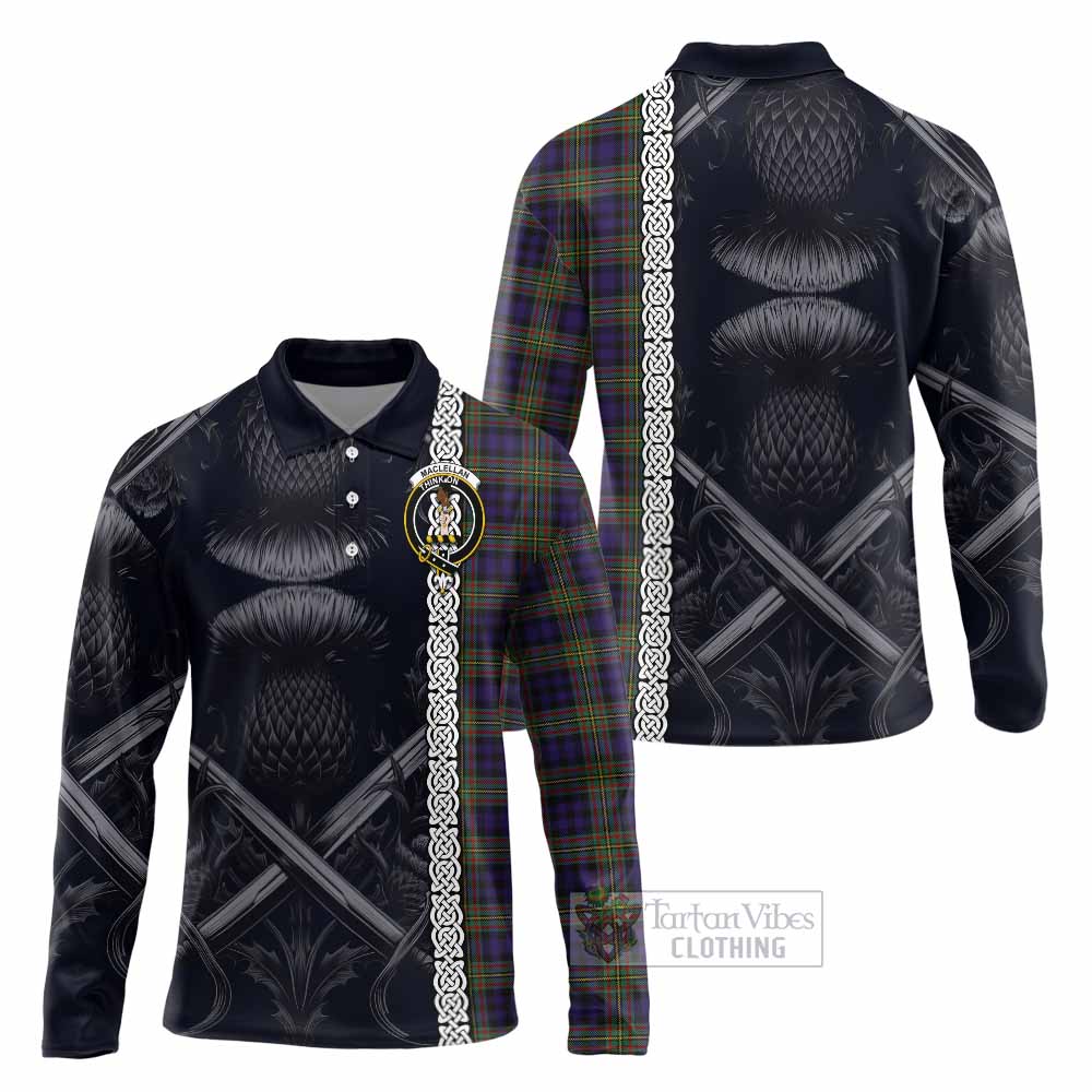 MacLellan (McLellan) Tartan Long Sleeve Polo Shirt with Family Crest Cross Sword Thistle Celtic Vibes - Tartan Vibes Clothing