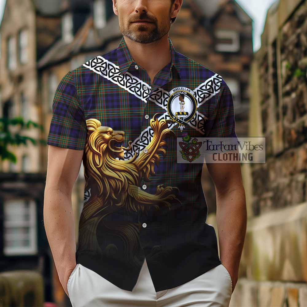 MacLellan (McLellan) Crest Tartan Hawaiian Shirt with Golden Lion Emblem Celtic Style - Tartan Vibes Clothing