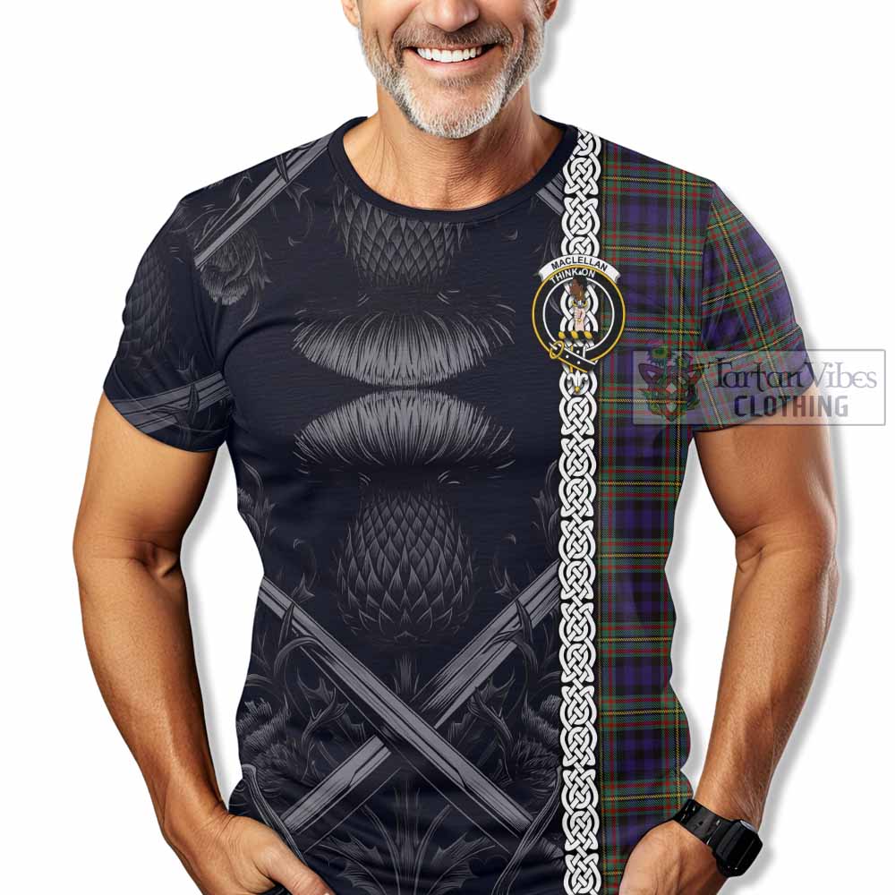 Tartan Vibes Clothing MacLellan (McLellan) Tartan T-Shirt with Family Crest Cross Sword Thistle Celtic Vibes