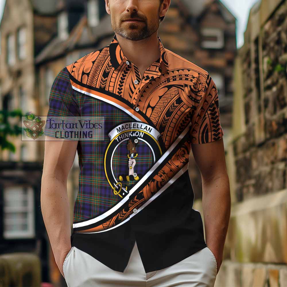 Tartan Vibes Clothing MacLellan (McLellan) Crest Tartan Short Sleeve Button Shirt with Maori Tattoo Style - Orange Version