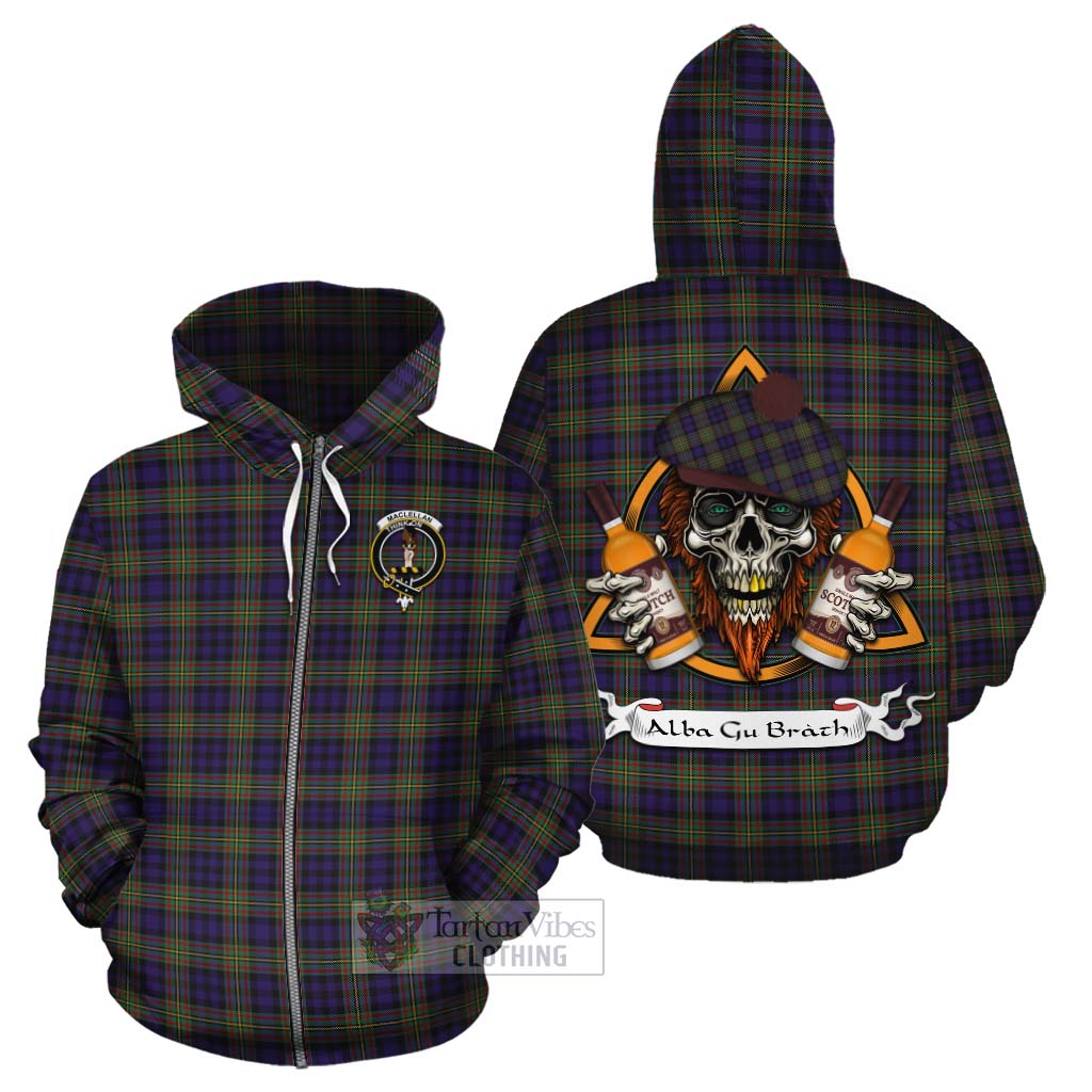 Tartan Vibes Clothing MacLellan (McLellan) Tartan Cotton Hoodie with Family Crest and Bearded Skull Holding Bottles of Whiskey