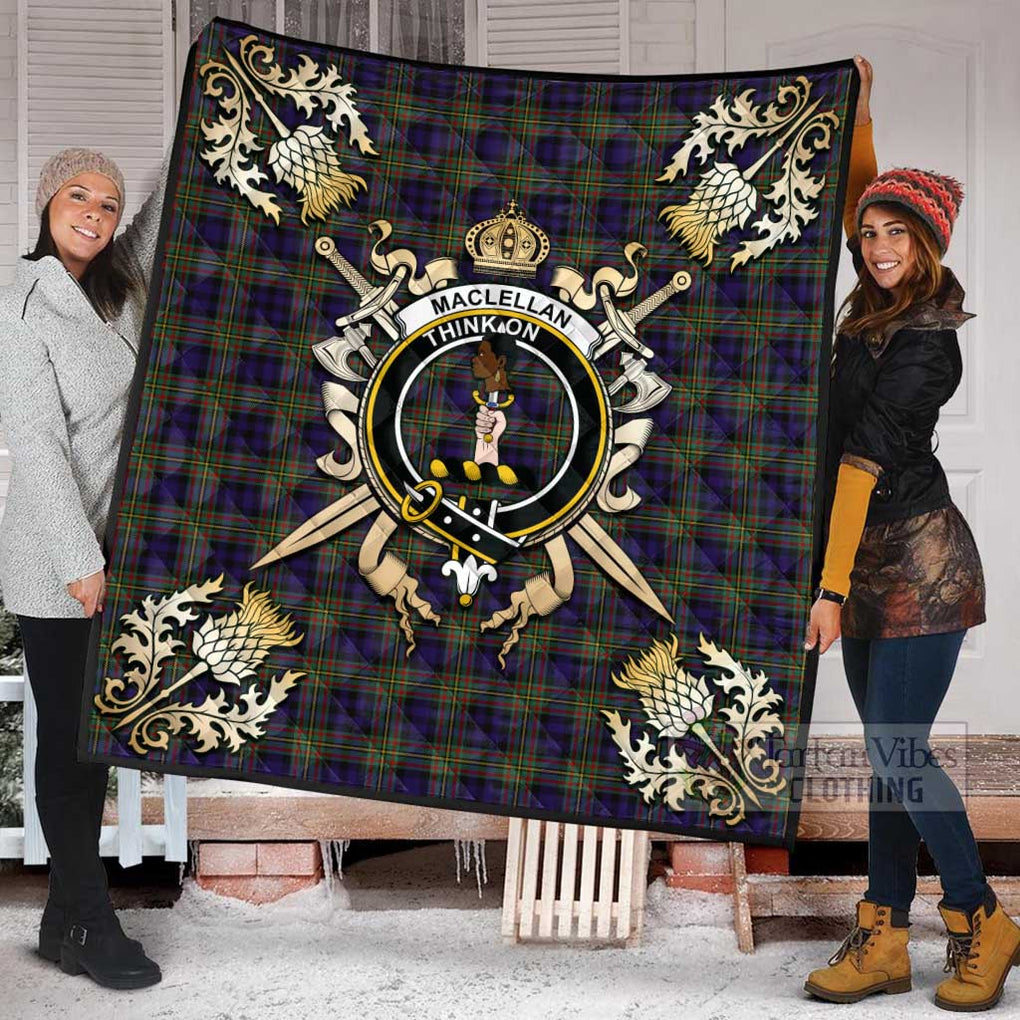 Tartan Vibes Clothing MacLellan (McLellan) Tartan Quilt with Family Crest and Scottish Golden Courage Shield