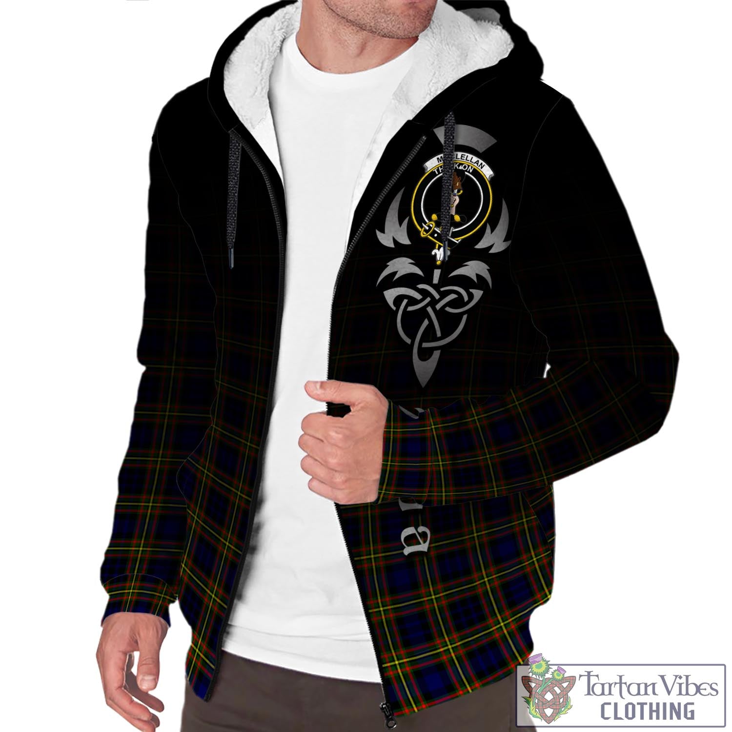 Tartan Vibes Clothing MacLellan Modern Tartan Sherpa Hoodie Featuring Alba Gu Brath Family Crest Celtic Inspired