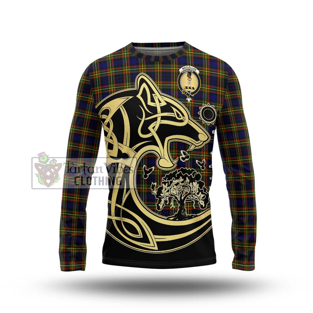 MacLellan Modern Tartan Long Sleeve T-Shirt with Family Crest Celtic Wolf Style Unisex - Tartan Vibes Clothing