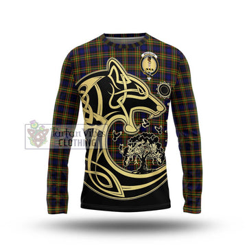 MacLellan Modern Tartan Long Sleeve T-Shirt with Family Crest Celtic Wolf Style