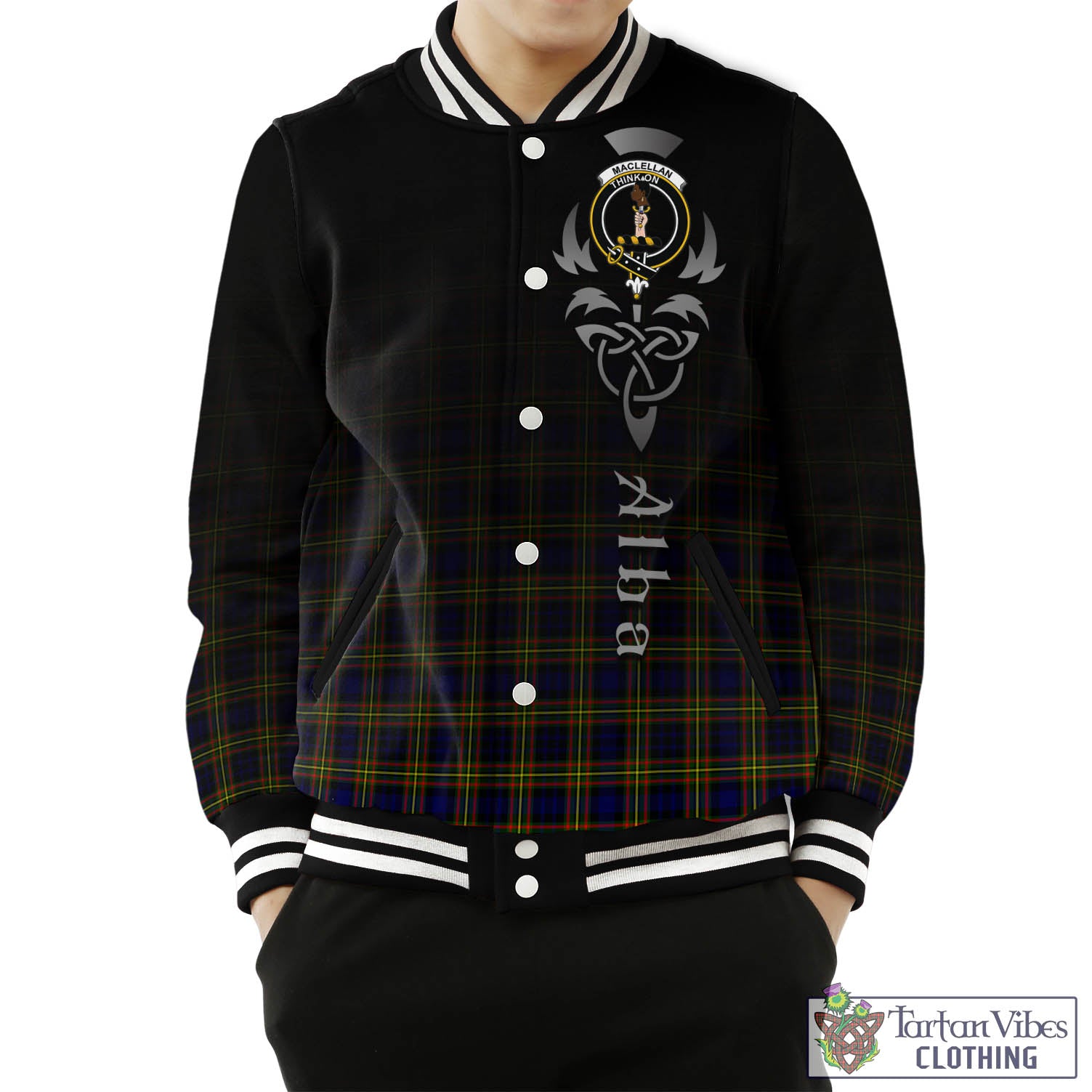 Tartan Vibes Clothing MacLellan Modern Tartan Baseball Jacket Featuring Alba Gu Brath Family Crest Celtic Inspired