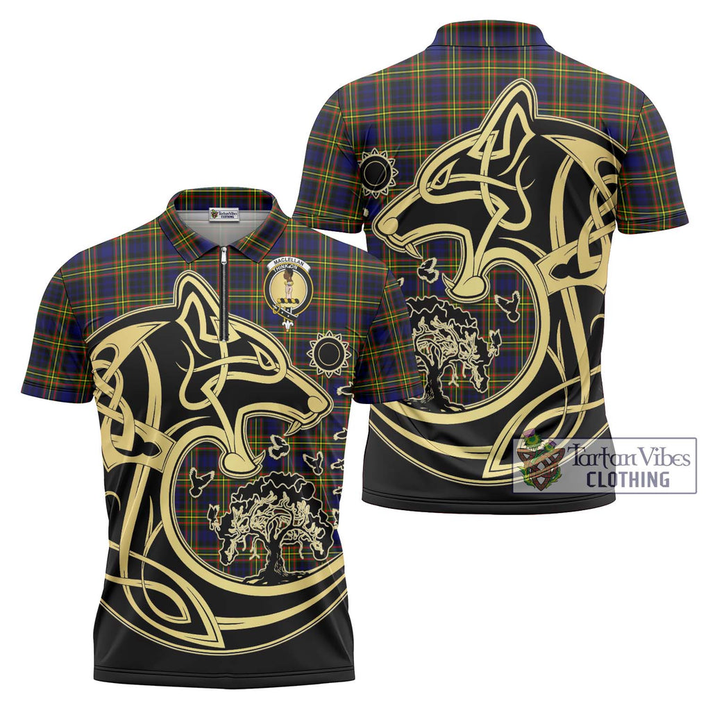 MacLellan Modern Tartan Zipper Polo Shirt with Family Crest Celtic Wolf Style Unisex - Tartanvibesclothing Shop