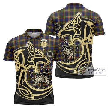 MacLellan Modern Tartan Zipper Polo Shirt with Family Crest Celtic Wolf Style