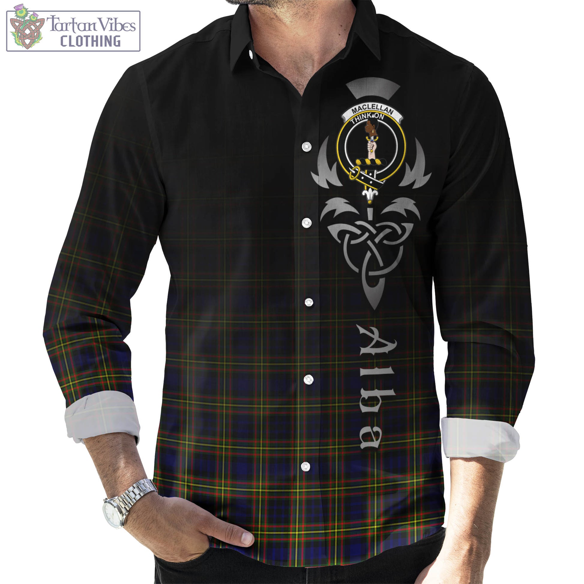 Tartan Vibes Clothing MacLellan Modern Tartan Long Sleeve Button Up Featuring Alba Gu Brath Family Crest Celtic Inspired