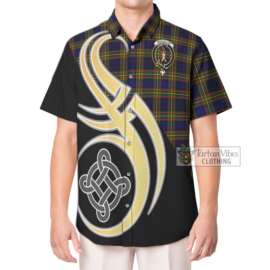 MacLellan Modern Tartan Short Sleeve Button Shirt with Family Crest and Celtic Symbol Style Kid - Tartan Vibes Clothing