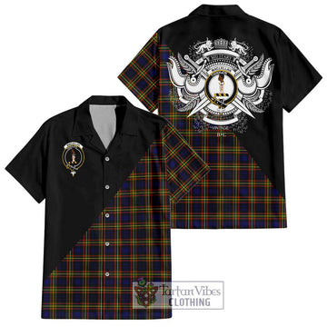 MacLellan Modern Tartan Short Sleeve Button Shirt with Family Crest and Military Logo Style