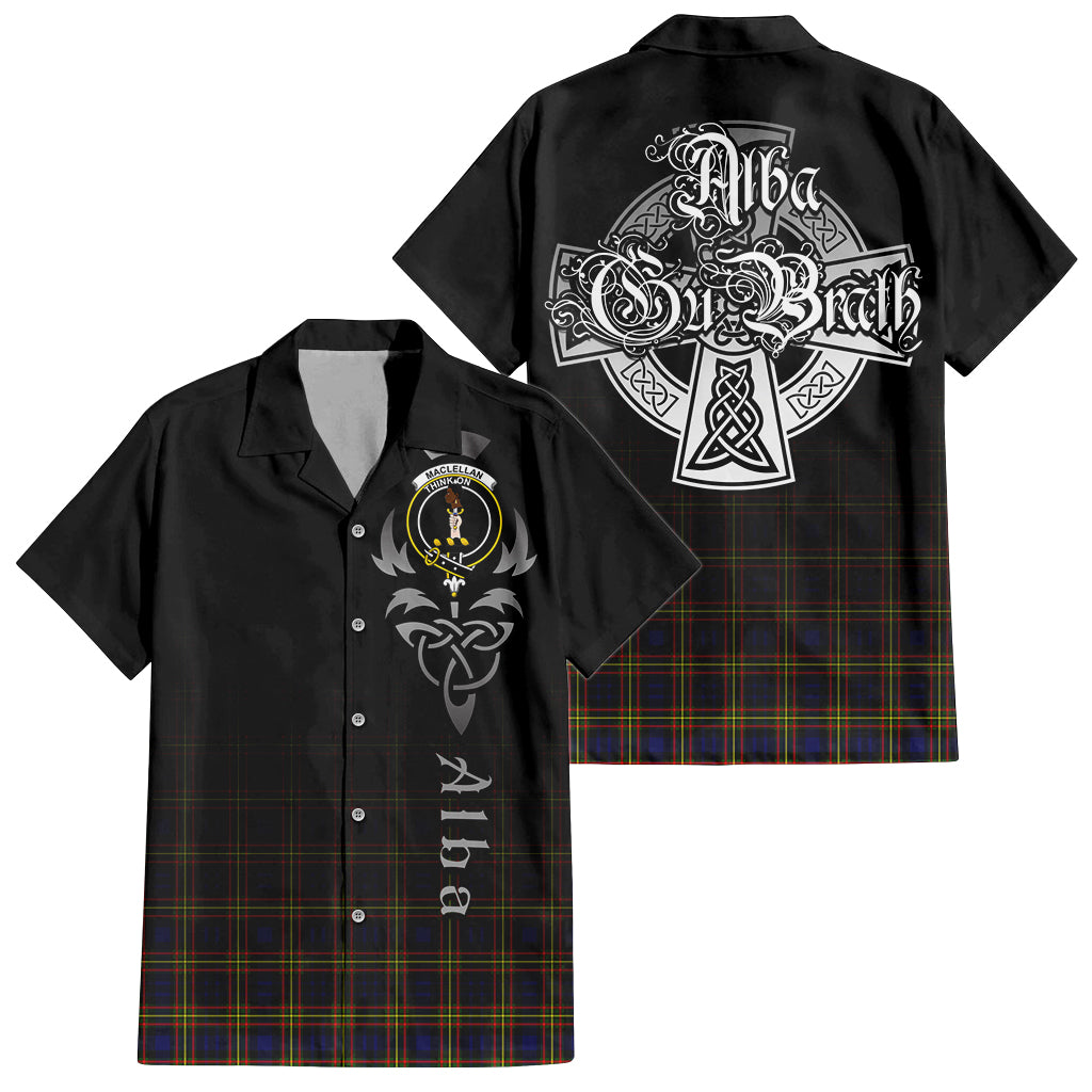 Tartan Vibes Clothing MacLellan Modern Tartan Short Sleeve Button Up Featuring Alba Gu Brath Family Crest Celtic Inspired