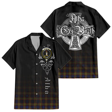 MacLellan Modern Tartan Short Sleeve Button Up Shirt Featuring Alba Gu Brath Family Crest Celtic Inspired