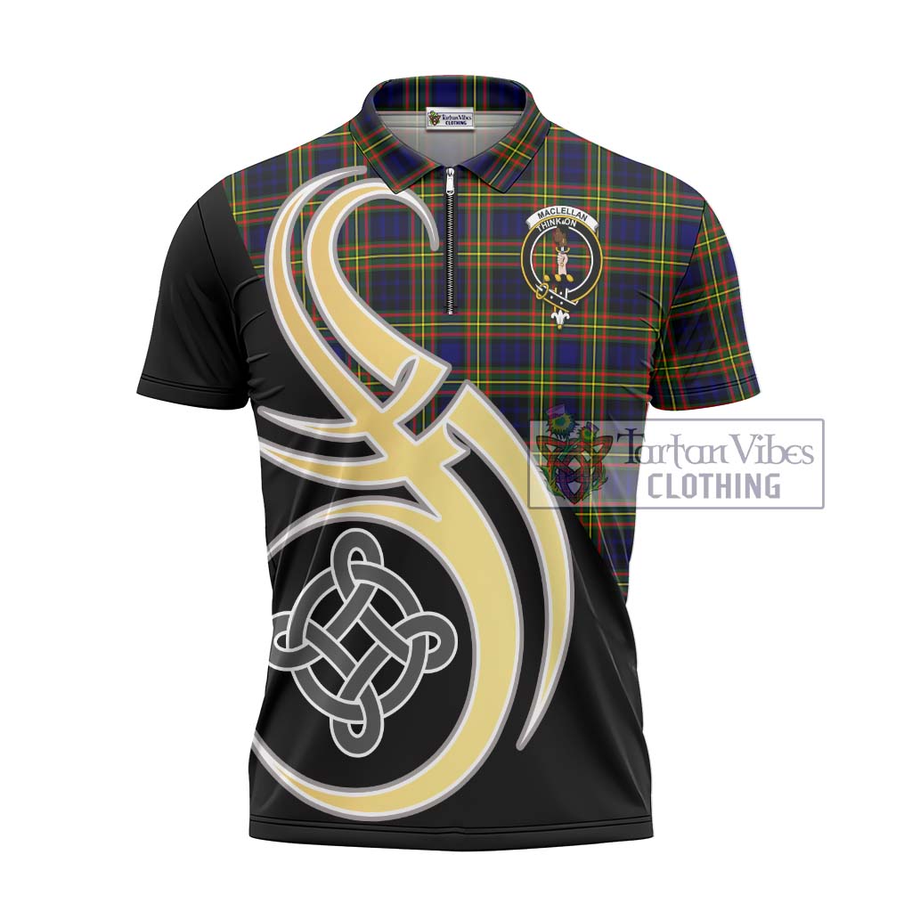 Tartan Vibes Clothing MacLellan Modern Tartan Zipper Polo Shirt with Family Crest and Celtic Symbol Style