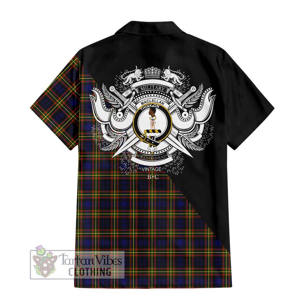 MacLellan Modern Tartan Short Sleeve Button Shirt with Family Crest and Military Logo Style - Tartanvibesclothing Shop