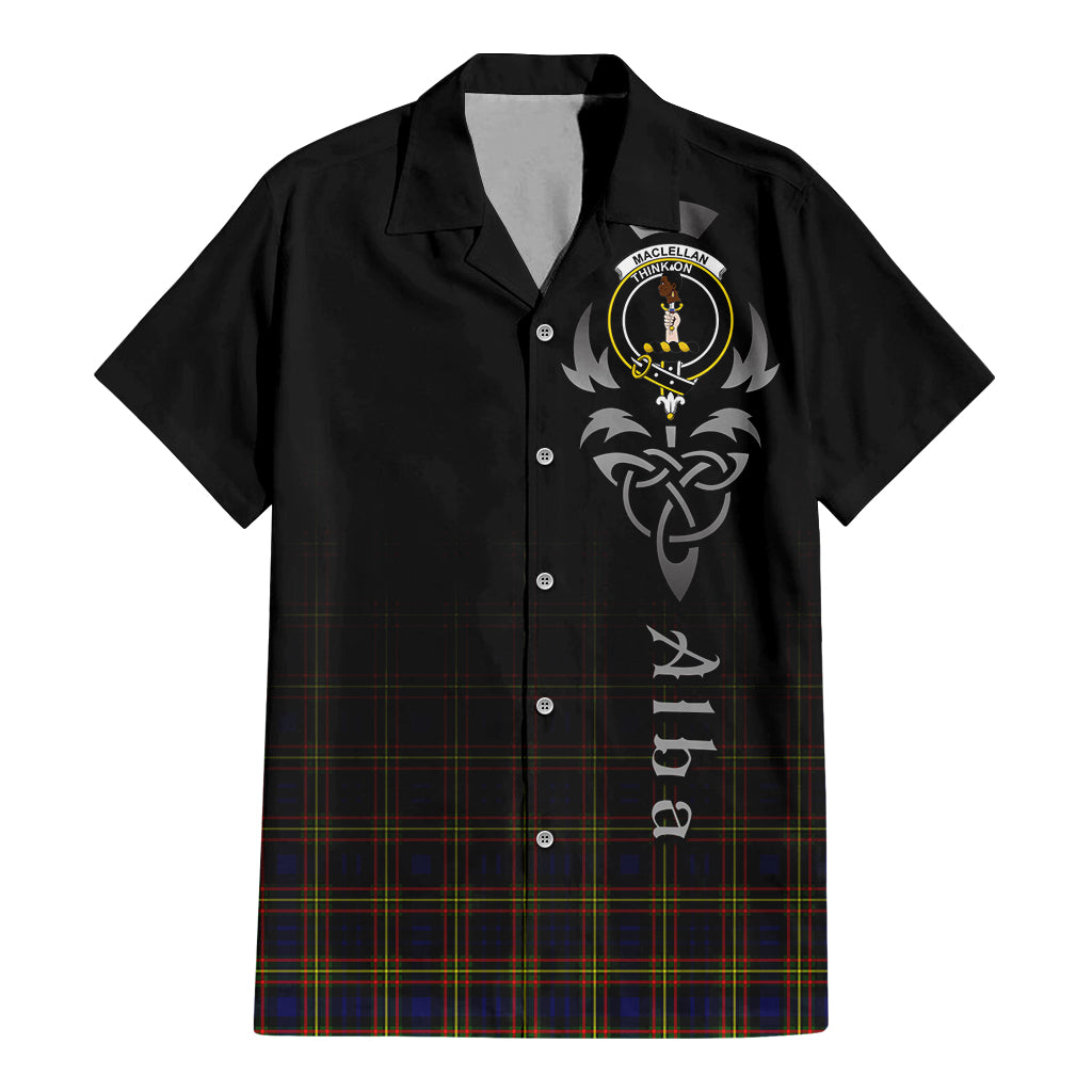 Tartan Vibes Clothing MacLellan Modern Tartan Short Sleeve Button Up Featuring Alba Gu Brath Family Crest Celtic Inspired