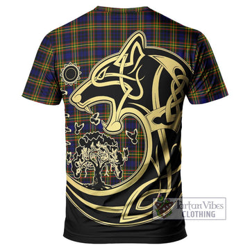 MacLellan Modern Tartan T-Shirt with Family Crest Celtic Wolf Style