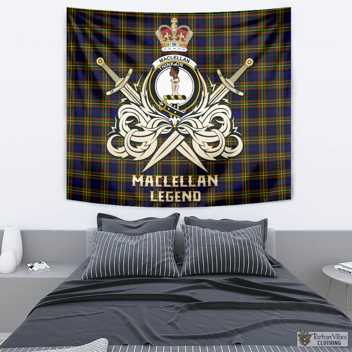 Tartan Vibes Clothing MacLellan Modern Tartan Tapestry with Clan Crest and the Golden Sword of Courageous Legacy