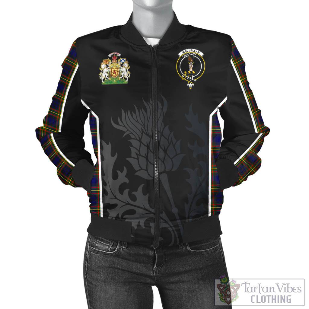 Tartan Vibes Clothing MacLellan Modern Tartan Bomber Jacket with Family Crest and Scottish Thistle Vibes Sport Style