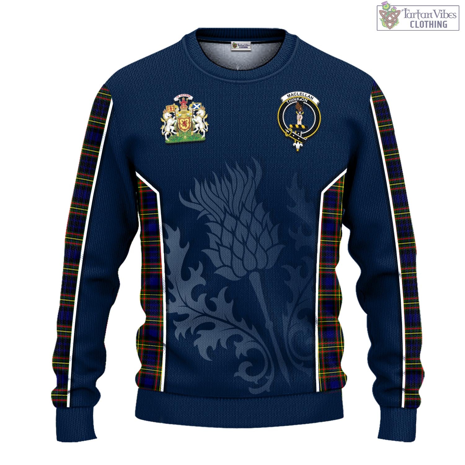 Tartan Vibes Clothing MacLellan Modern Tartan Knitted Sweatshirt with Family Crest and Scottish Thistle Vibes Sport Style