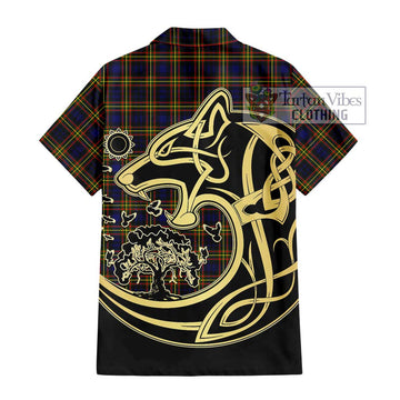 MacLellan Modern Tartan Short Sleeve Button Shirt with Family Crest Celtic Wolf Style