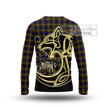 MacLellan Modern Tartan Long Sleeve T-Shirt with Family Crest Celtic Wolf Style