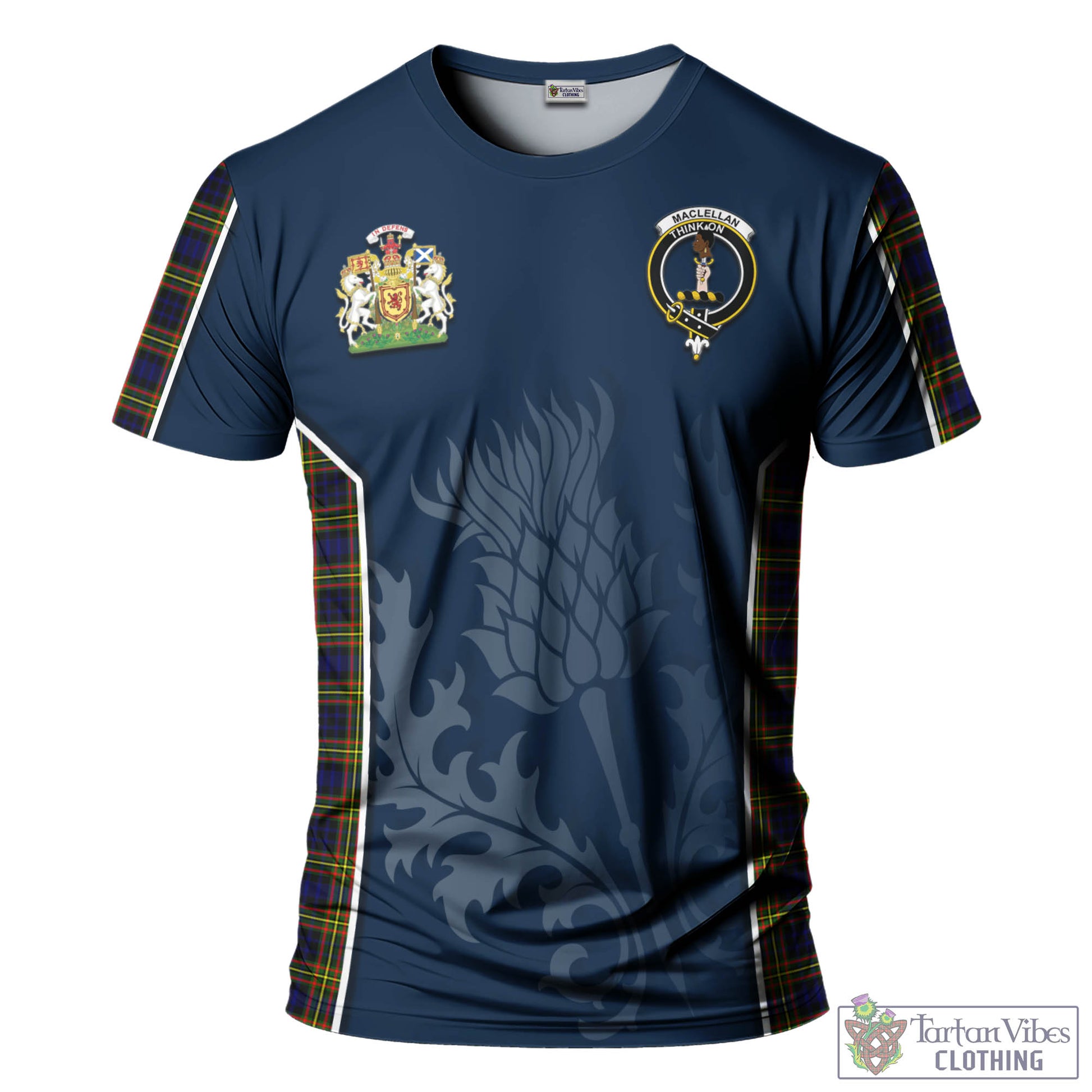 Tartan Vibes Clothing MacLellan Modern Tartan T-Shirt with Family Crest and Scottish Thistle Vibes Sport Style