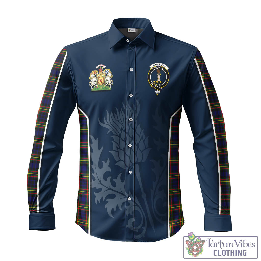 Tartan Vibes Clothing MacLellan Modern Tartan Long Sleeve Button Up Shirt with Family Crest and Scottish Thistle Vibes Sport Style