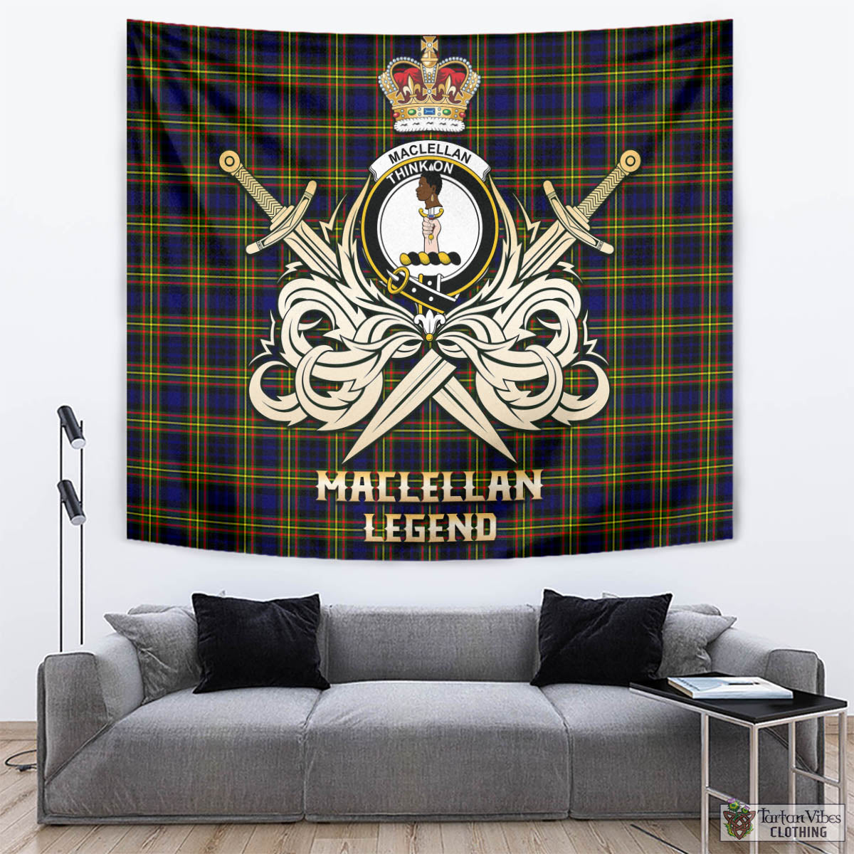 Tartan Vibes Clothing MacLellan Modern Tartan Tapestry with Clan Crest and the Golden Sword of Courageous Legacy