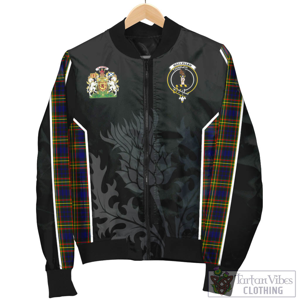 Tartan Vibes Clothing MacLellan Modern Tartan Bomber Jacket with Family Crest and Scottish Thistle Vibes Sport Style