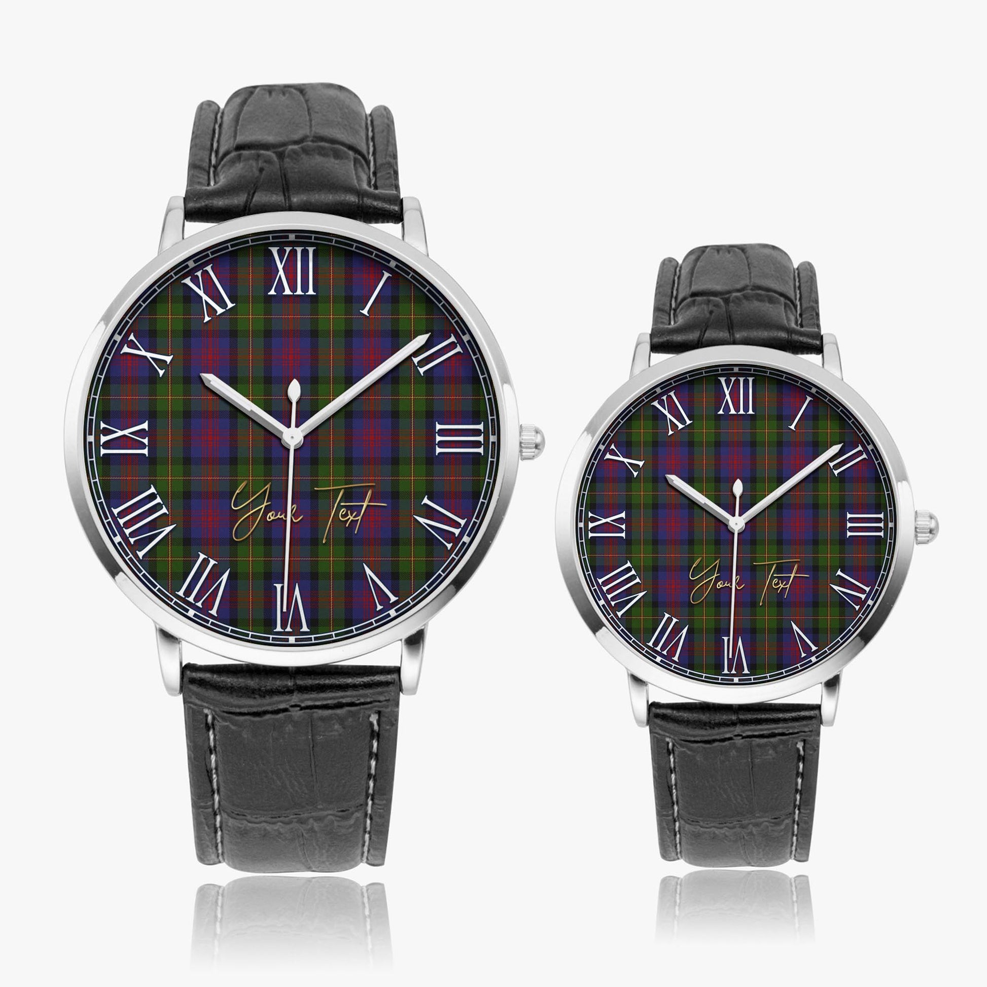 MacLennan Tartan Personalized Your Text Leather Trap Quartz Watch Ultra Thin Silver Case With Black Leather Strap - Tartanvibesclothing