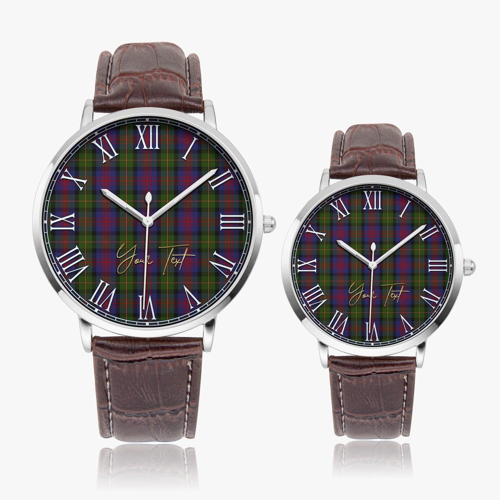 MacLennan Tartan Personalized Your Text Leather Trap Quartz Watch Ultra Thin Silver Case With Brown Leather Strap - Tartanvibesclothing