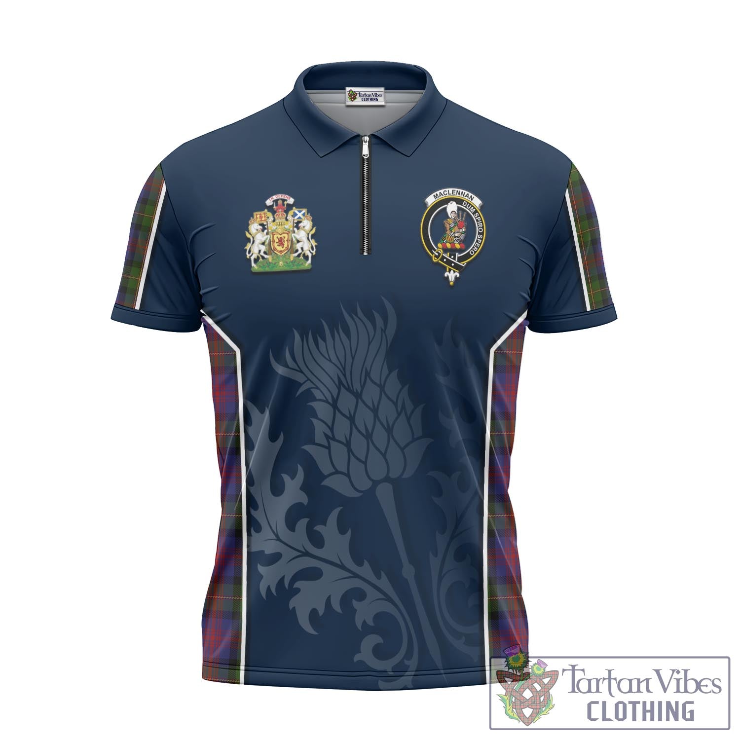 Tartan Vibes Clothing MacLennan Tartan Zipper Polo Shirt with Family Crest and Scottish Thistle Vibes Sport Style