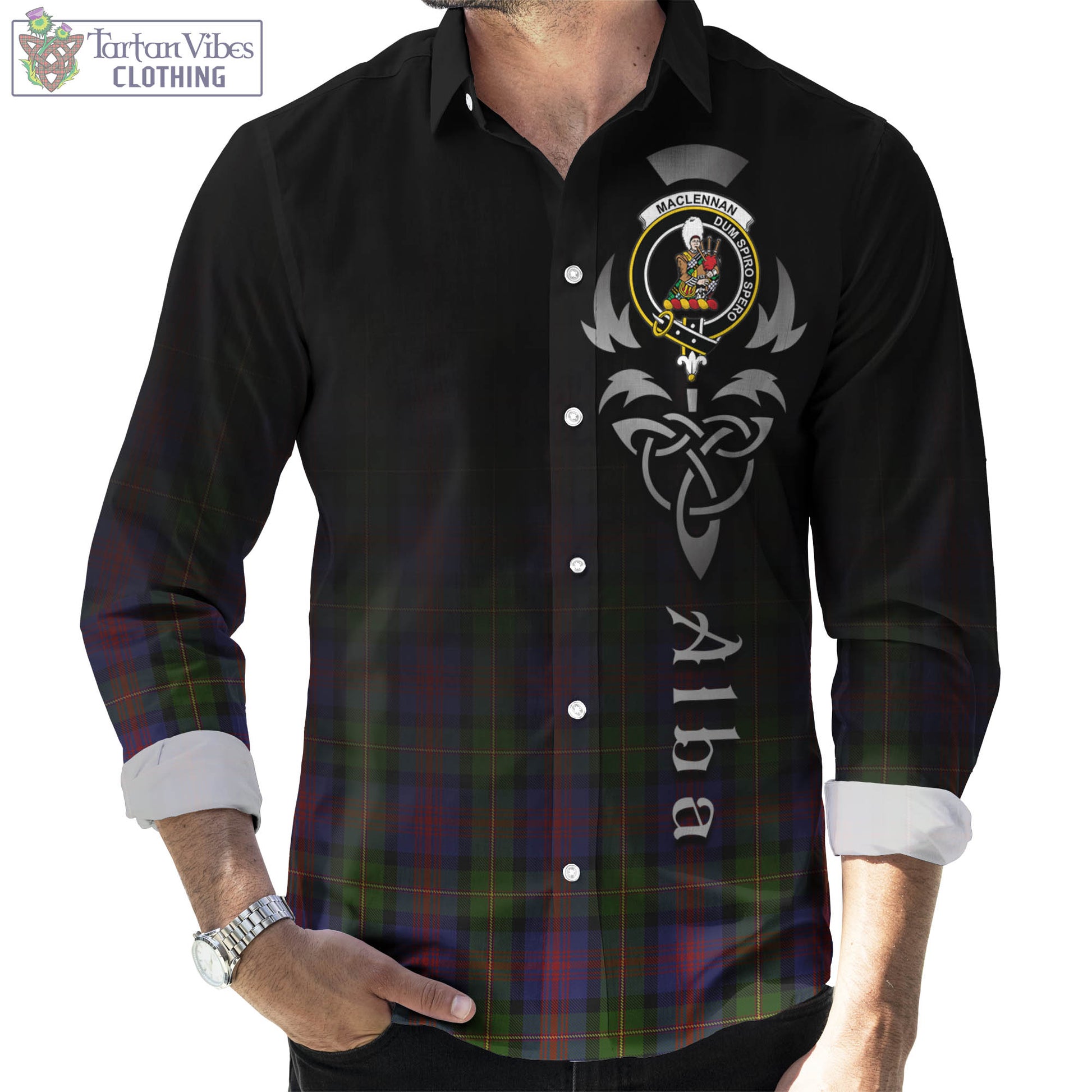 Tartan Vibes Clothing MacLennan Tartan Long Sleeve Button Up Featuring Alba Gu Brath Family Crest Celtic Inspired