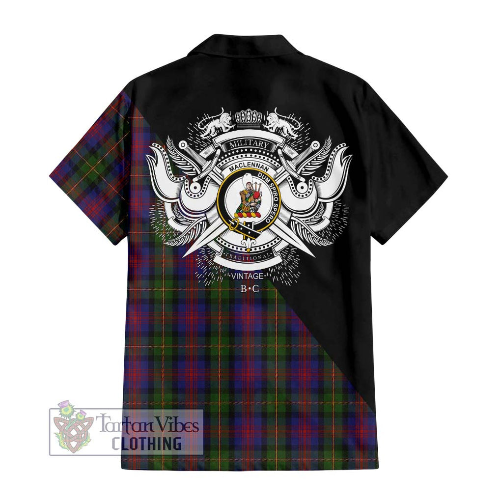 MacLennan (McLennan) Tartan Short Sleeve Button Shirt with Family Crest and Military Logo Style - Tartanvibesclothing Shop