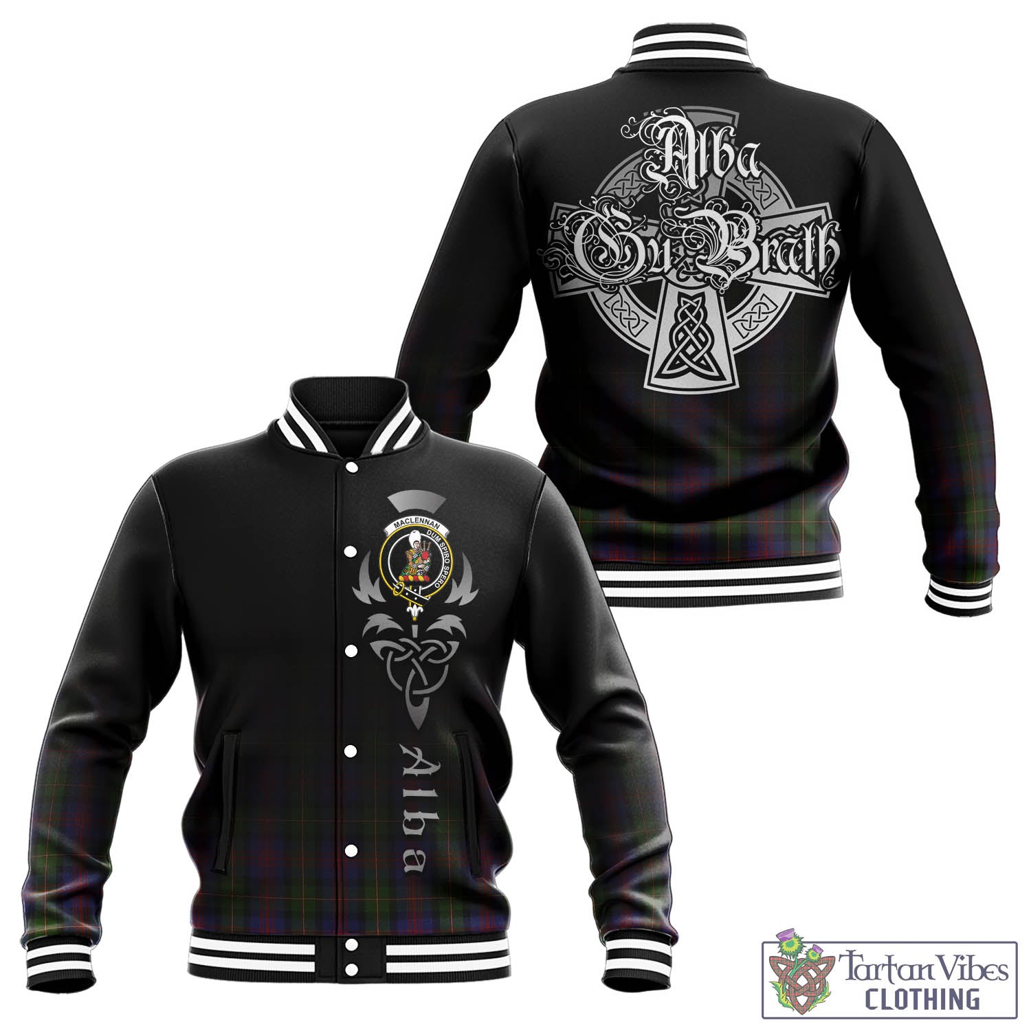 Tartan Vibes Clothing MacLennan Tartan Baseball Jacket Featuring Alba Gu Brath Family Crest Celtic Inspired