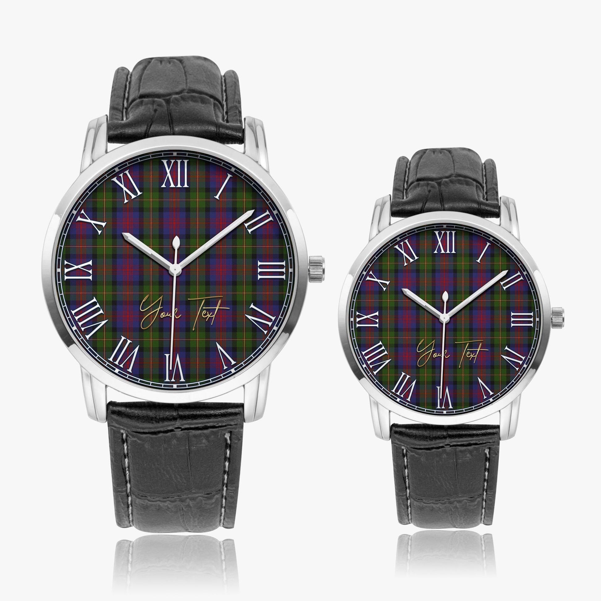 MacLennan Tartan Personalized Your Text Leather Trap Quartz Watch Wide Type Silver Case With Black Leather Strap - Tartanvibesclothing