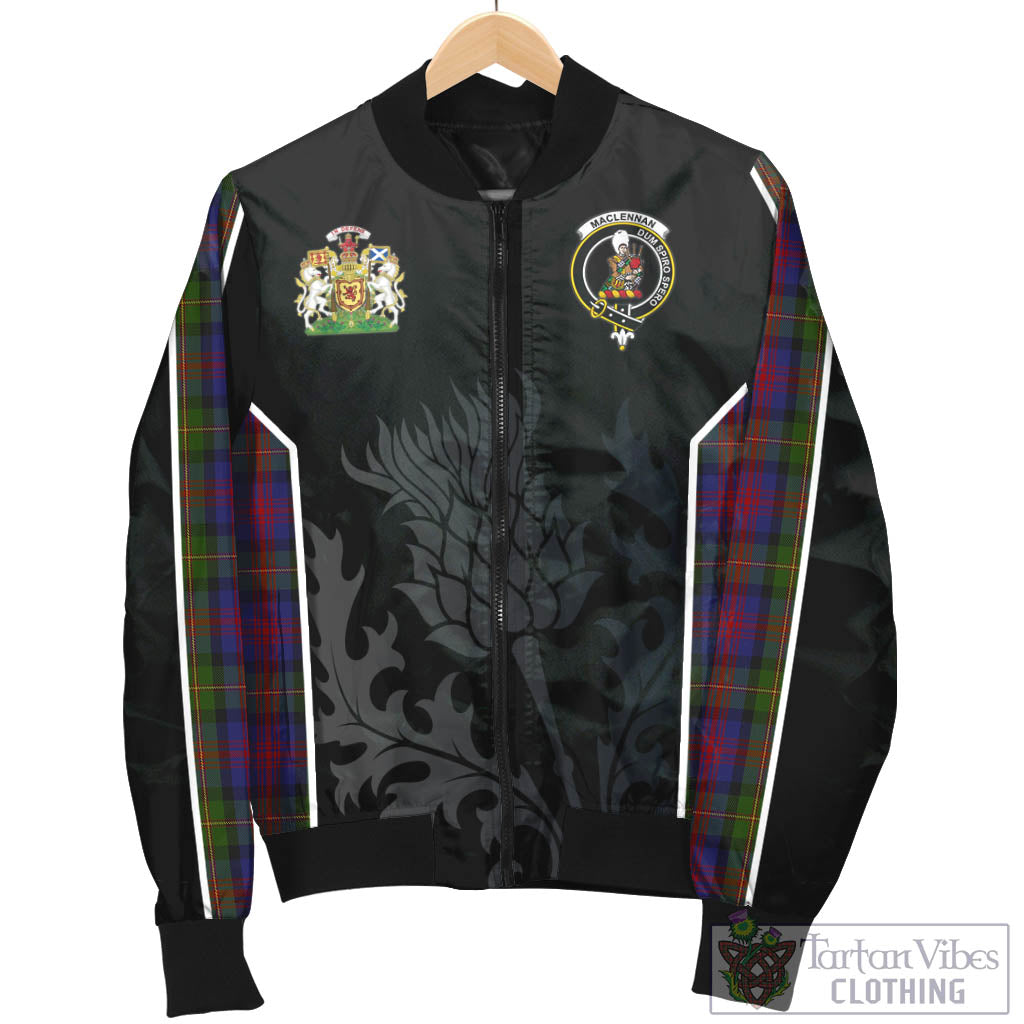 Tartan Vibes Clothing MacLennan Tartan Bomber Jacket with Family Crest and Scottish Thistle Vibes Sport Style