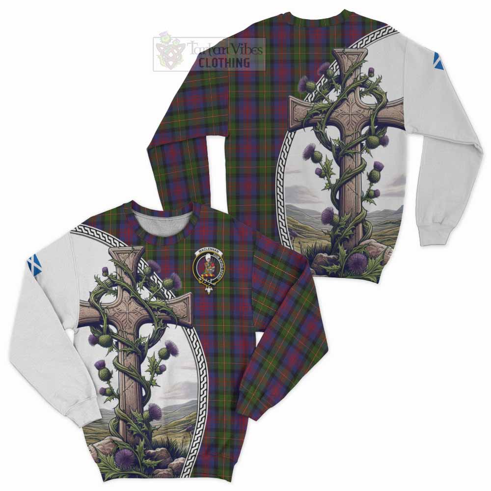 Tartan Vibes Clothing MacLennan (McLennan) Tartan Sweatshirt with Family Crest and St. Andrew's Cross Accented by Thistle Vines