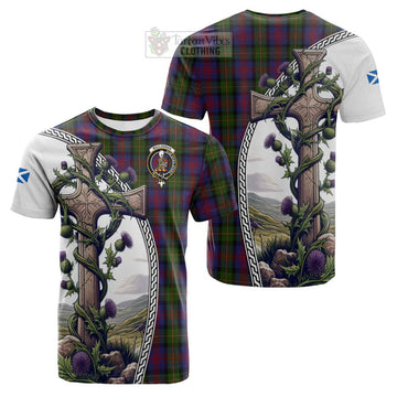 MacLennan (McLennan) Tartan Cotton T-shirt with Family Crest and St. Andrew's Cross Accented by Thistle Vines