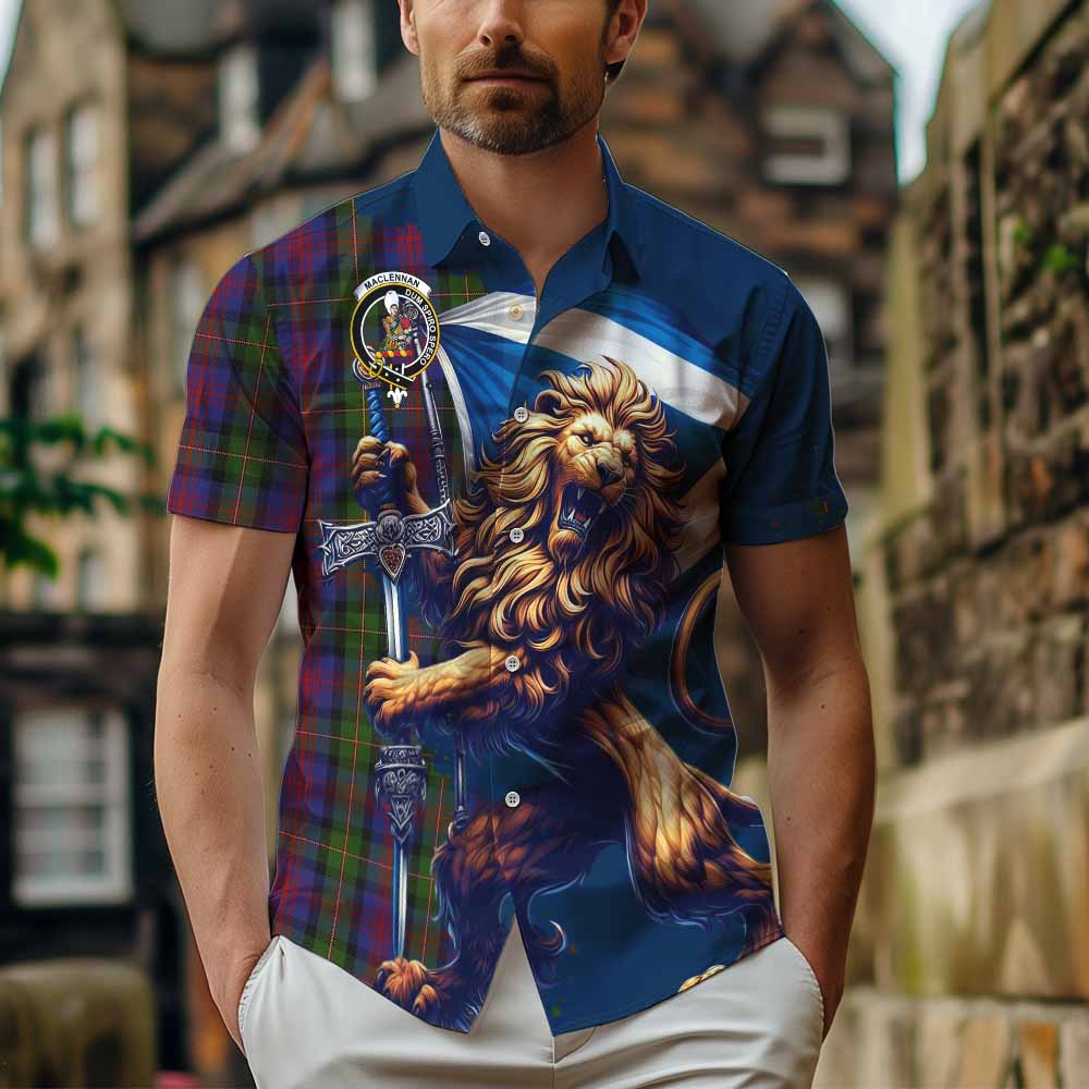 Tartan Vibes Clothing MacLennan (McLennan) Tartan Family Crest Short Sleeve Button Shirt with Scottish Majestic Lion