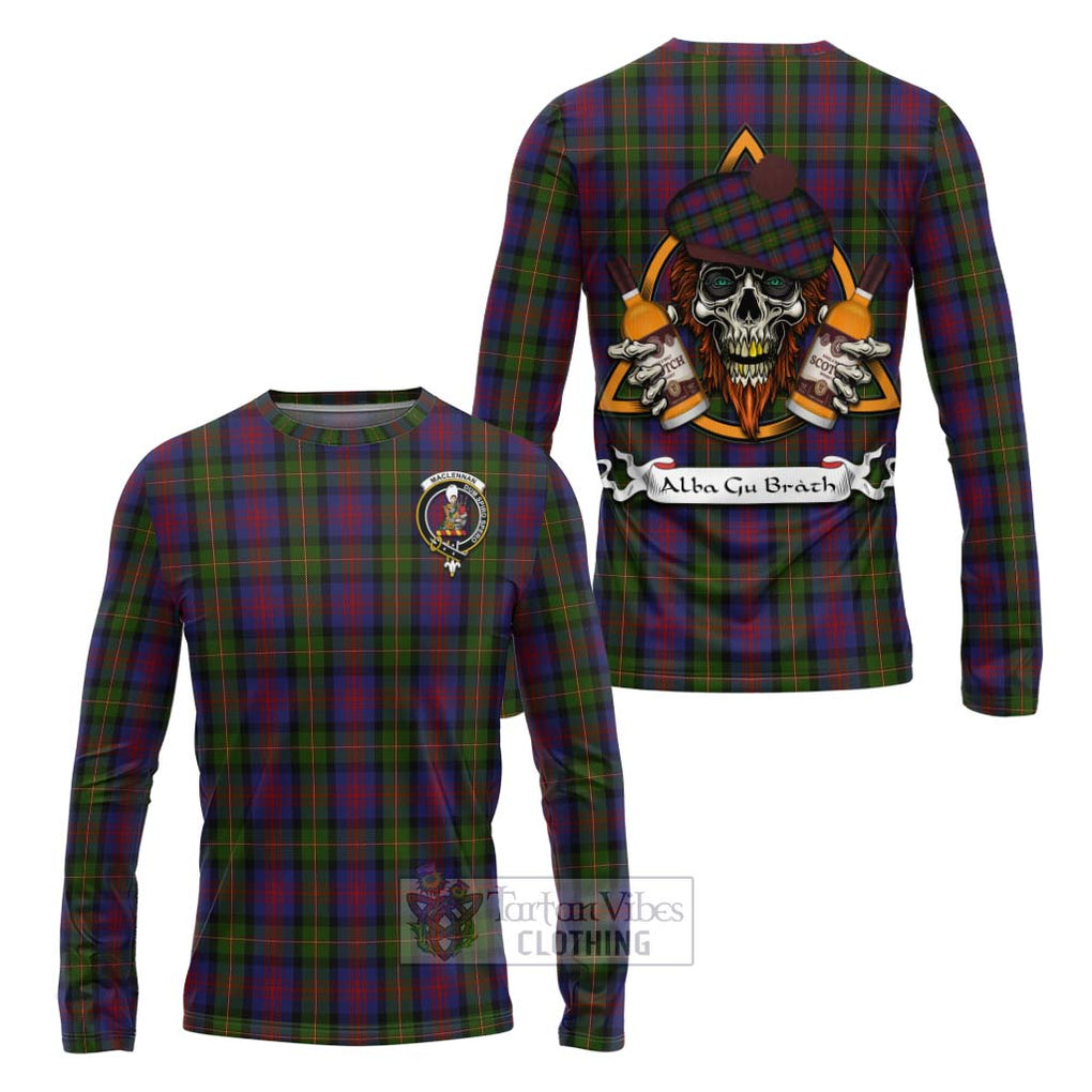 Tartan Vibes Clothing MacLennan (McLennan) Tartan Long Sleeve T-Shirt with Family Crest and Bearded Skull Holding Bottles of Whiskey